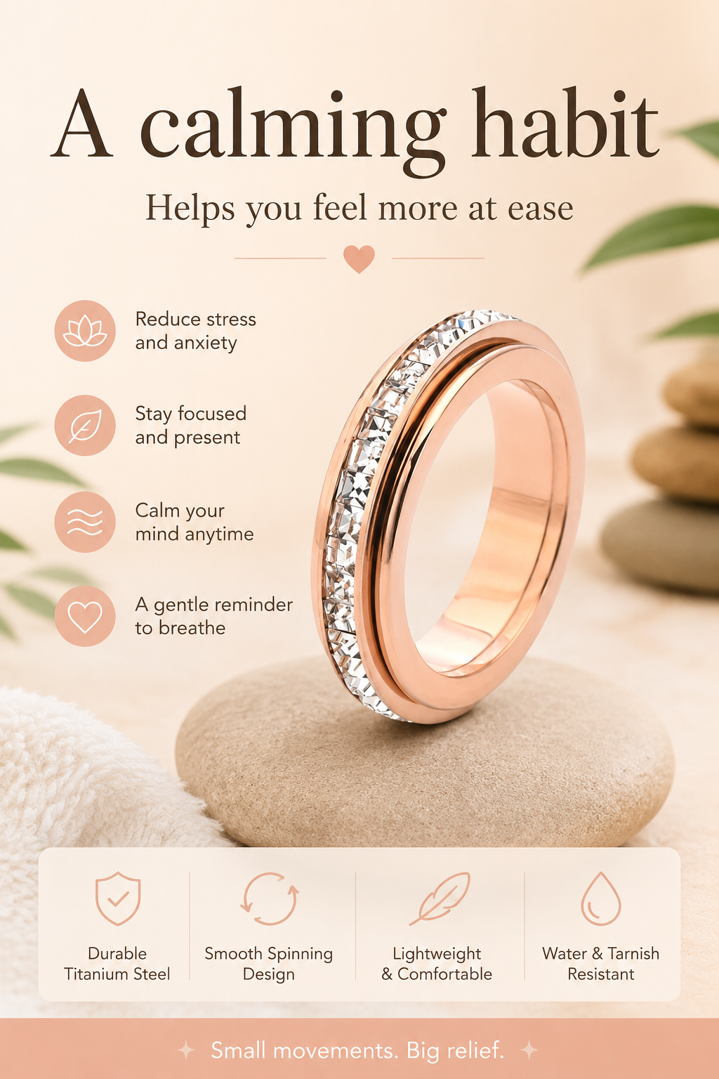 Titanium Steel Anxiety Spinner Ring - Fidget Ring for Stress Relief & Calmness - Non-Tarnish Rotating Band for Men & Women