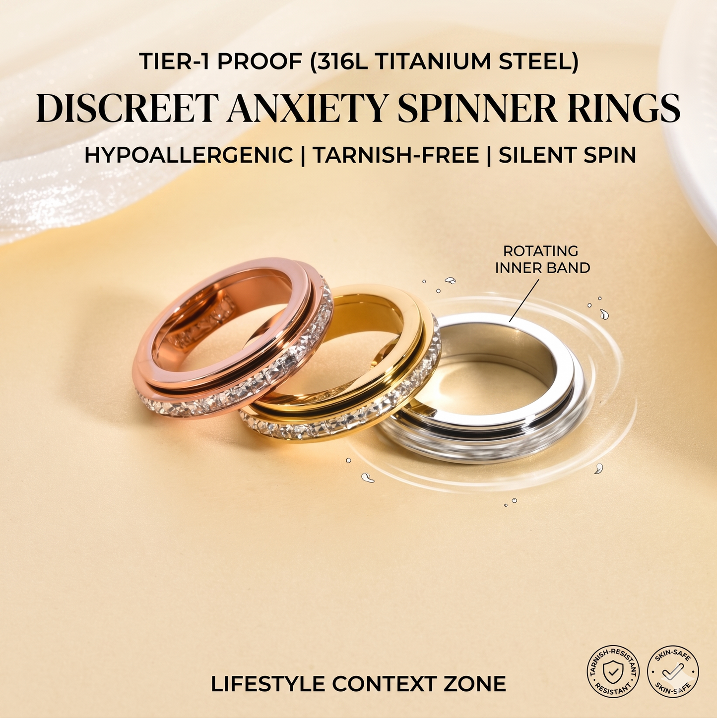 Titanium Steel Anxiety Spinner Ring - Fidget Ring for Stress Relief & Calmness - Non-Tarnish Rotating Band for Men & Women